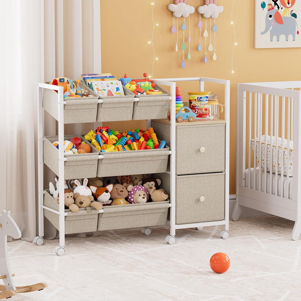 Kids Toy Organizers and Storage Bins, Off White | 7 Storage Bins + 2 Fabric Drawers + 1 Bookshelf, Playroom Storage