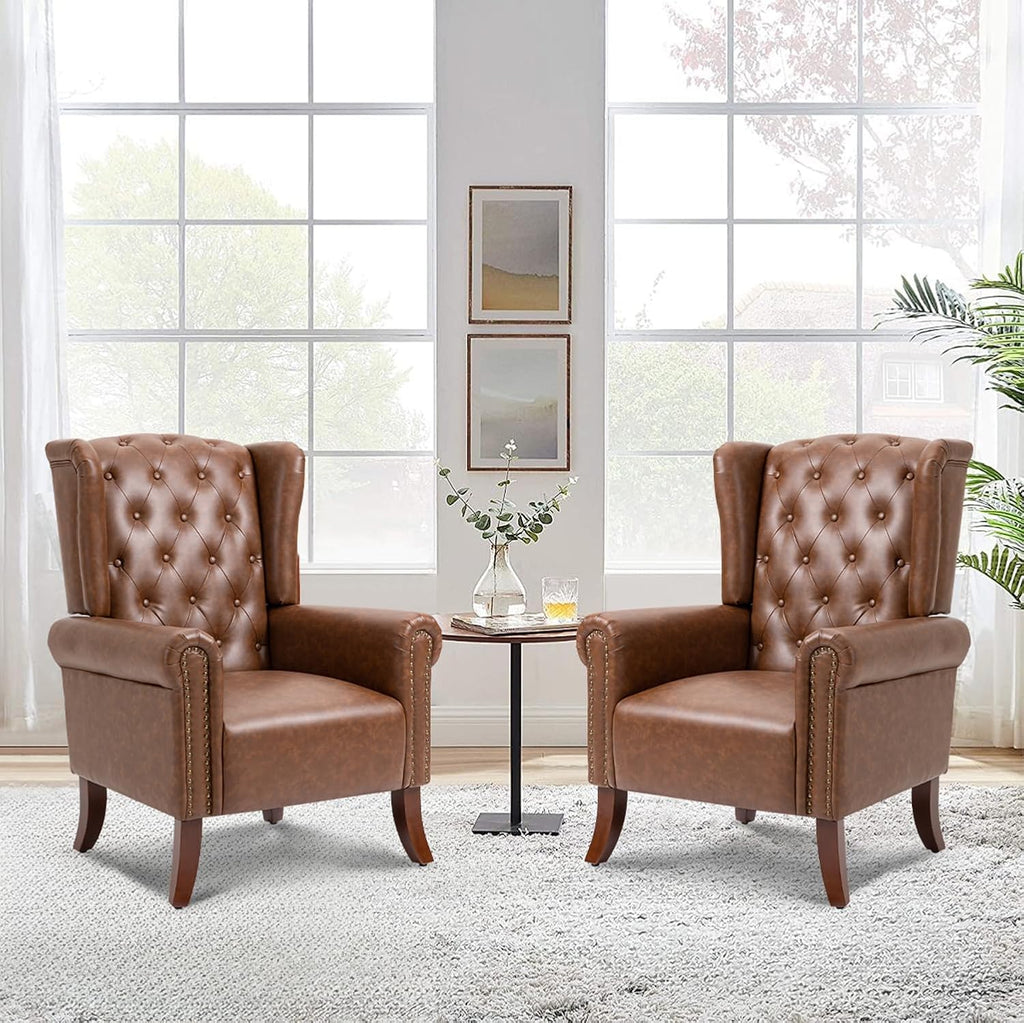 PU Leather Accent Chair Set of 2, Modern Upholstered Living Room Chair Sofa Chair with Wooden Legs, Wingback Armchair