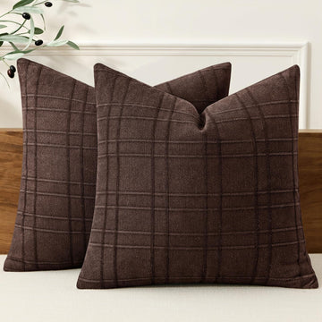 Linen Plaid Pillow Covers Fall Decorative 18x18 Dark Brown