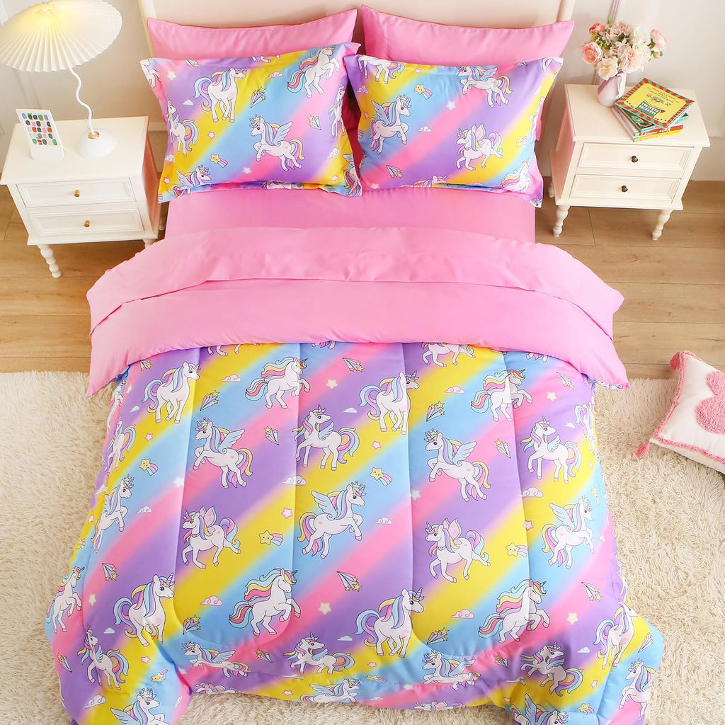 Kids' Rainbow Unicorn Twin Comforter Set, 5-Piece | Soft Fluffy Bed-in-a-Bag, Fitted Sheet, Flat Sheet, Pillowcase