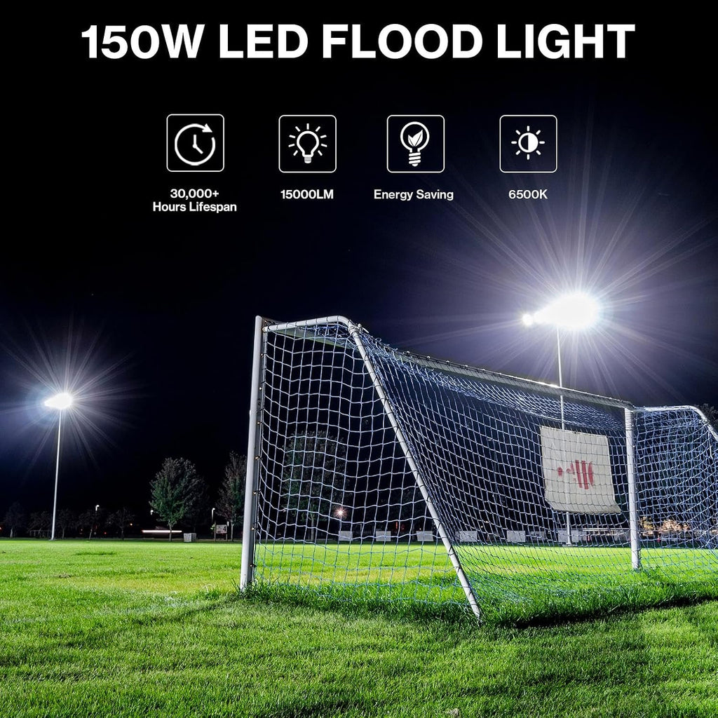 2 Pack 150W LED Flood Light Outdoor, 15000LM Super Bright Work Lights Plug in, 6500K, IP66 Waterproof Exterior