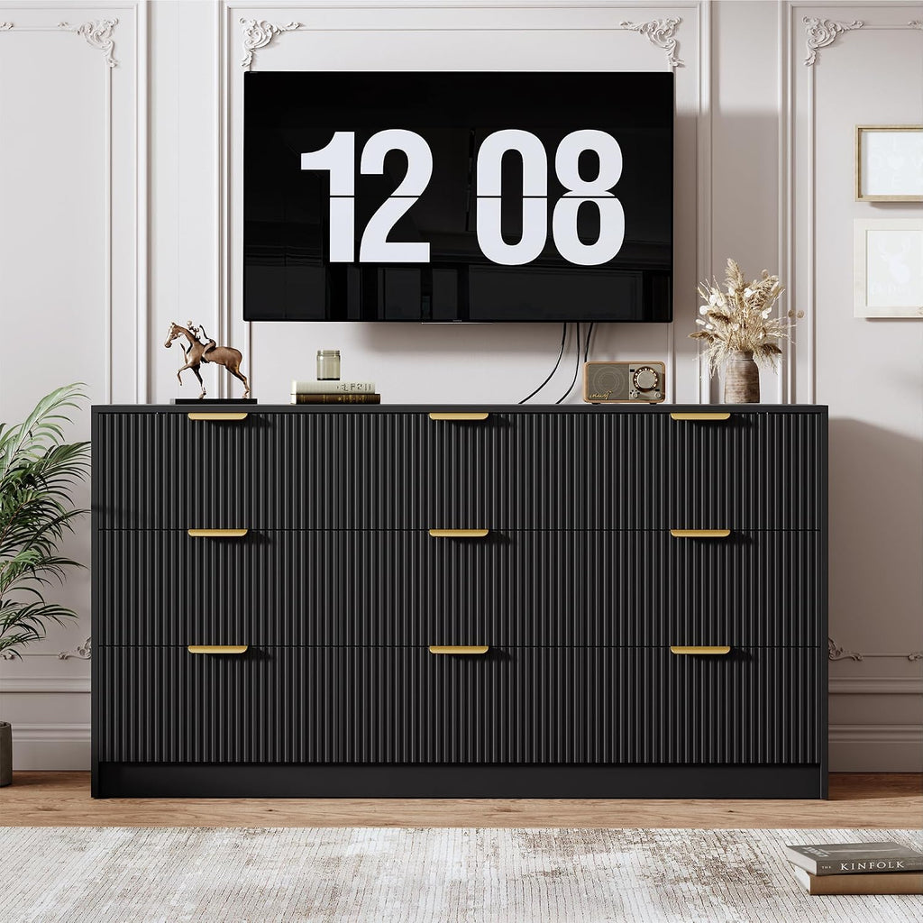 9 Drawers Dresser - Modern Fluted Chest of Drawers, Black | 59" Wide Drawers with Golden Metal Handles, Large TV