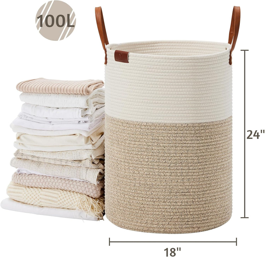 100L Tall Woven Rope Laundry Hamper, Leather Handles, White & Brown | Large Wicker Laundry Basket for Dirty Clothes