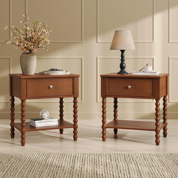 Walnut Nightstand Set of 2, Solid Wood Bedside Table, Brown 24"