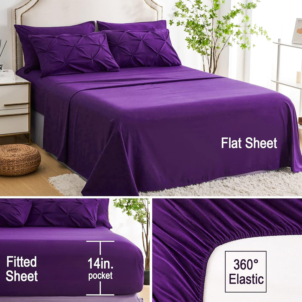 7pc Purple Comforter Set with Sheets, Pintuck 7 Piece Bedding Comforters Bed in a Bag for All Season