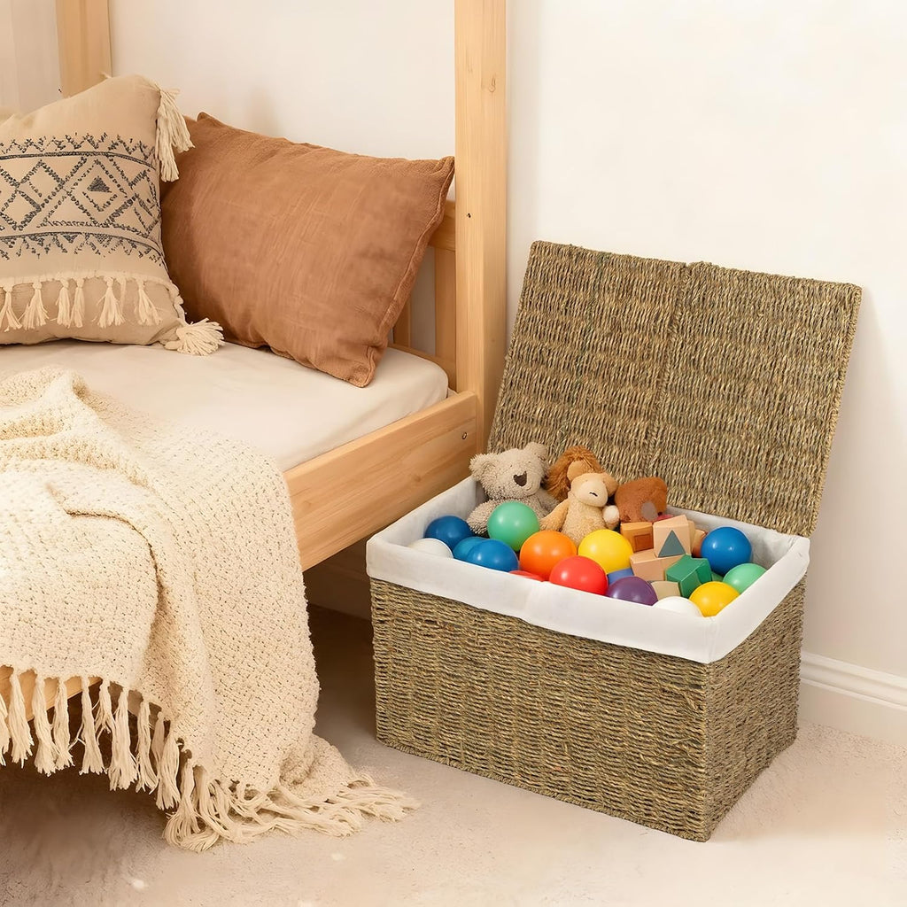 Handwoven Wicker Storage Basket with 2 Lids & Liners, Large Shelf Basket for Clothes, Toys, Blankets, Foldable
