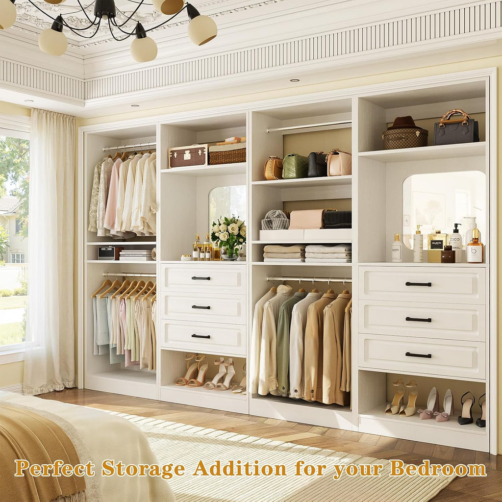 100" Wood Closet System with Drawers and Mirror, White | Large walk in wardrobe organizer with hanging rods and
