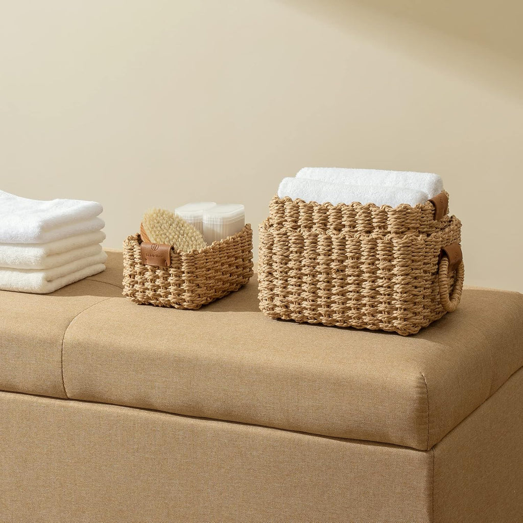 Small Wicker Baskets for Organizing, Desert 3 Pack | Decorative Organizer with Vegan Leather Tag, Round Handle