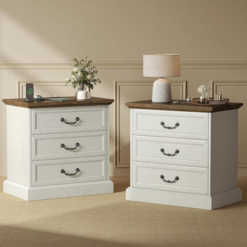 Nightstand with Charging Station, 3 Drawer Night Stand Set of 2, 22 Inch Wider Side Table with Storage, Farmhouse
