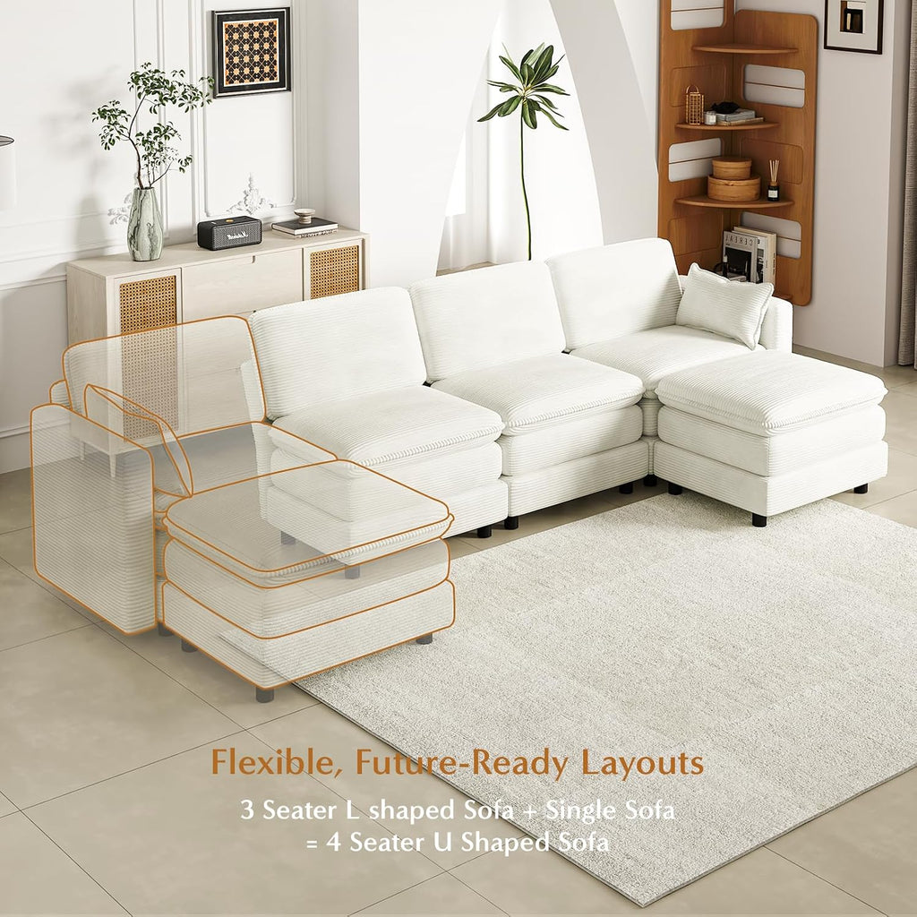 L Shaped Couch Sectional Sofa with Chaise 3 Seat Couch Modular Cloud Sofa Corduroy Couch Cream White Living Room
