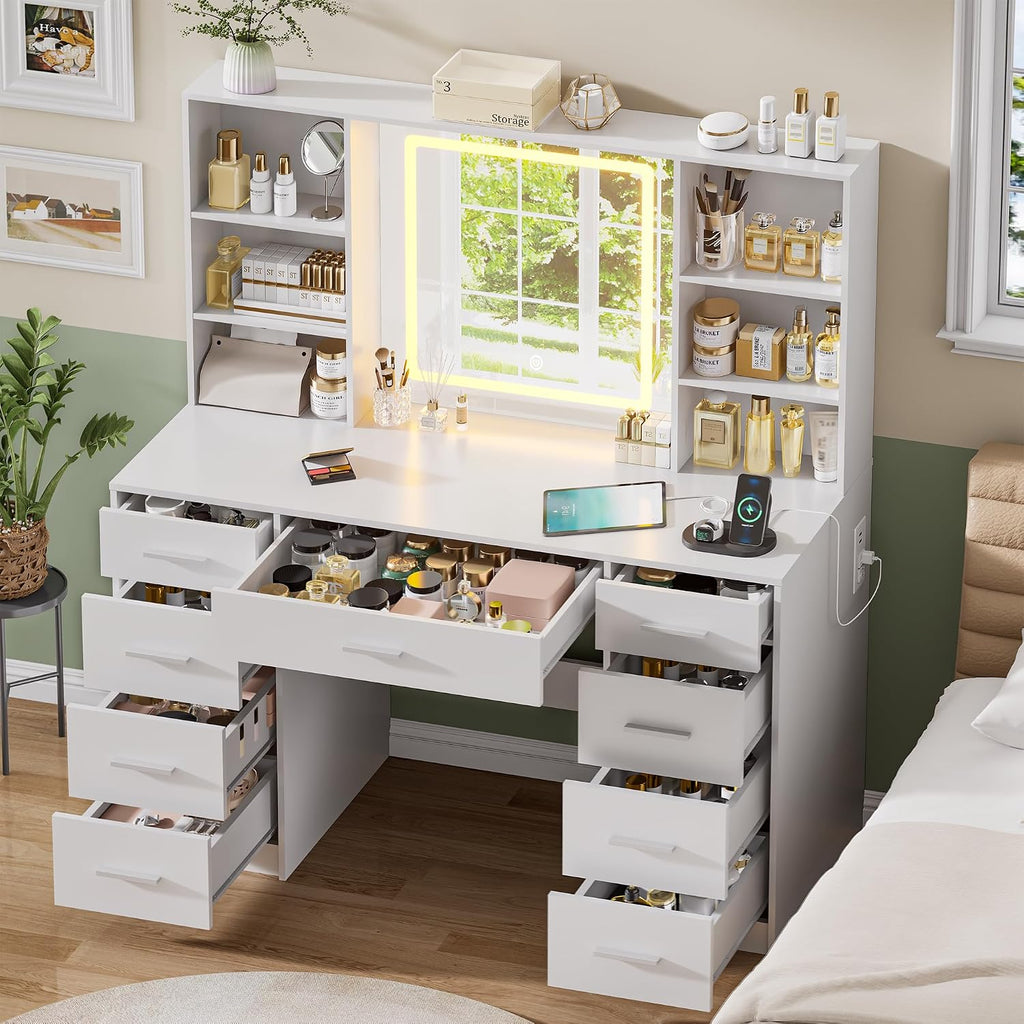 Vanity Desk with Mirror and Lights, Makeup Vanity Desk with 9 Drawers & 6 Shelves, Make up Vanity, Dressing Table