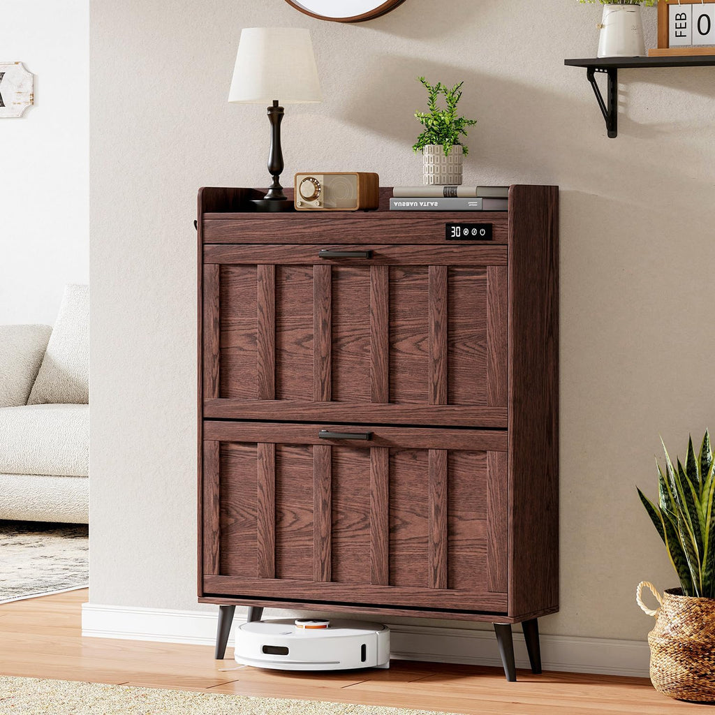 Shoe Storage Cabinet with 2 Flip Drawers, Deodorizing Shoe Organizer Storage , Freestanding Hidden Slim Narrow Shoe