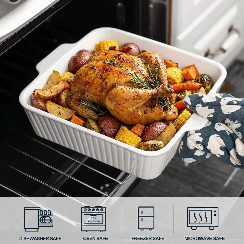 10" Square Ceramic Casserole Dish Set of 2-2.6 Qt Deep Dishes with Handles for Oven, Lasagna Pan for Casseroles Cake