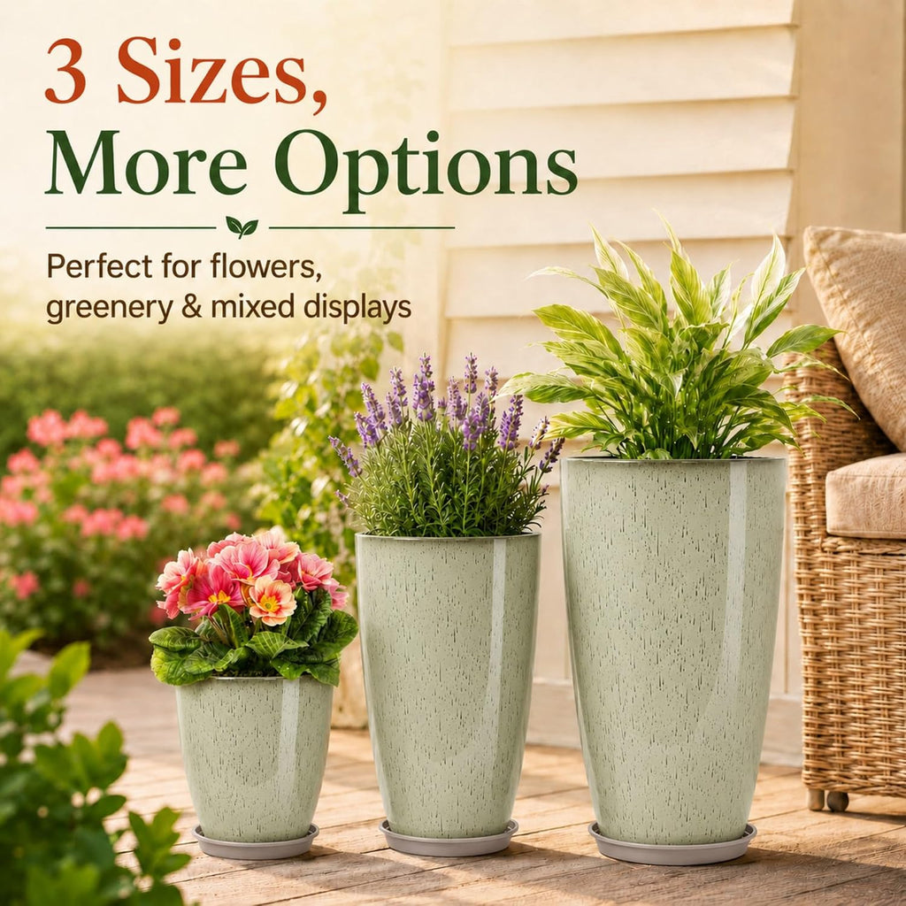 Set of 3 Tall Planter, 24/21/12in Large Planter, DripGlaze | Ceramic-Look, Lightweight, Built-in Drain Hole, Saucers