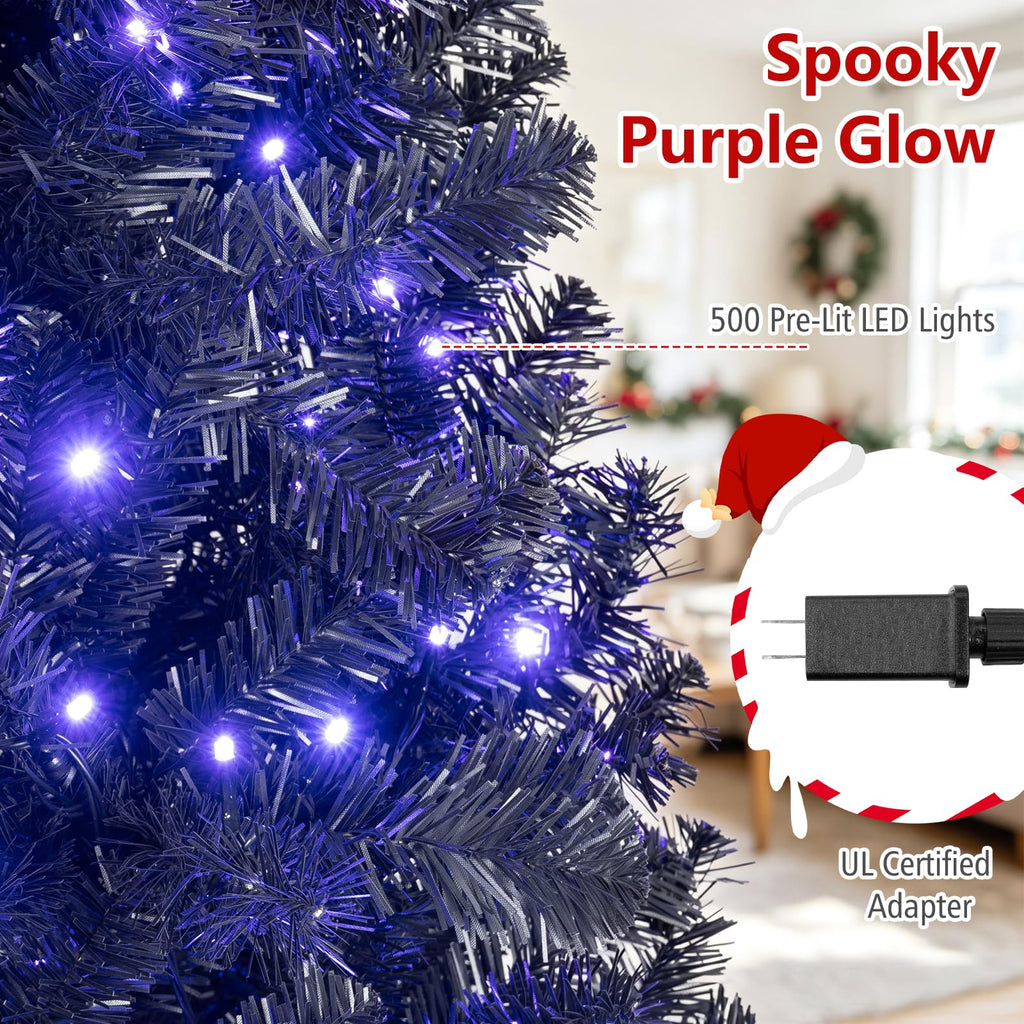 7ft Pre-Lit Black Christmas Tree, Artificial Halloween Tree