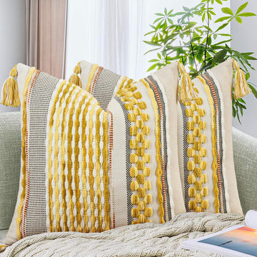 Set of 2 Chenille Striped Textured Boho Throw Pillow Covers Aesthetic with Tassels Woven Decorative Pillow Case for