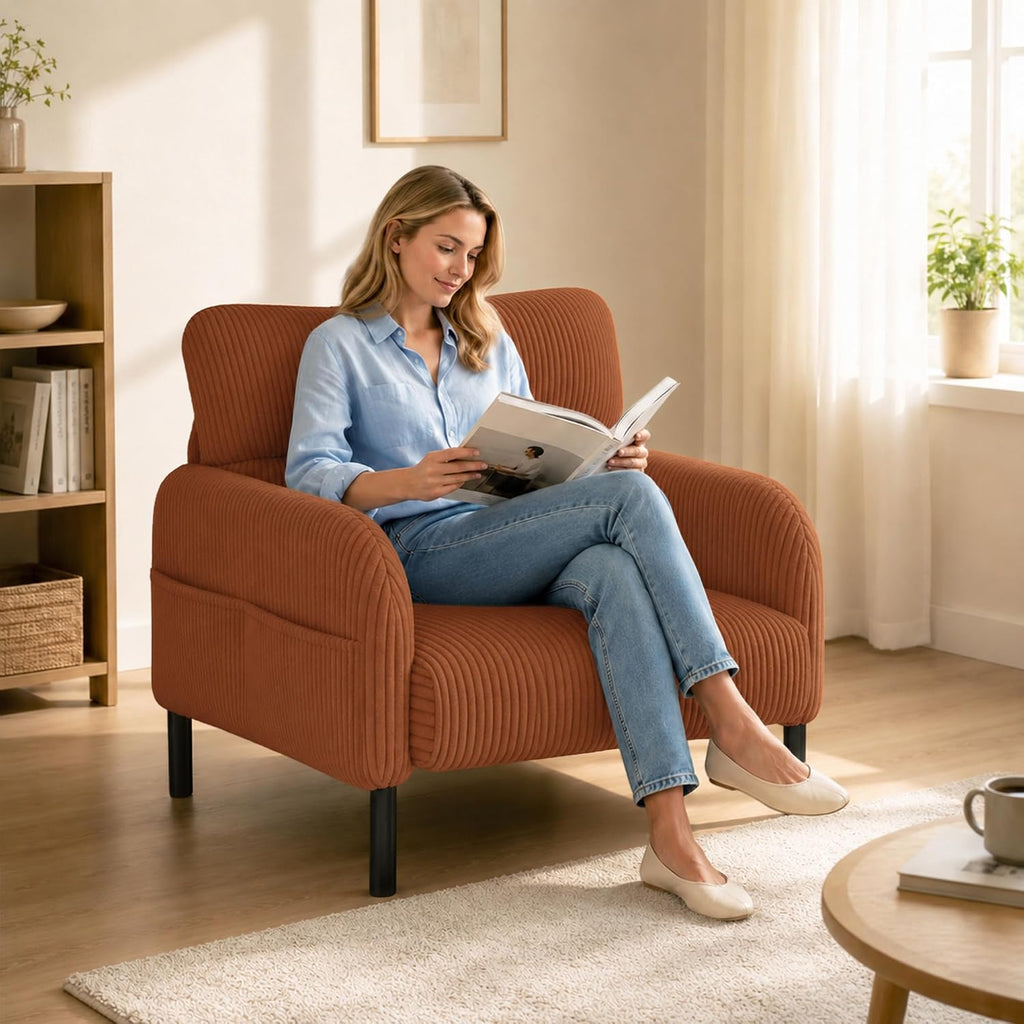 Accent Chair, Single Sofa Chair with Wingback, Corduroy Upholstered Reading Nook Armchair (Orange)