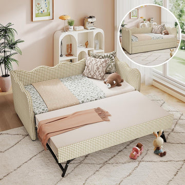 Twin Size Daybed with Pop Up Trundle, Twin to King Gingham Daybed with USB, Upholstery Adorable Wave Shaped Linen