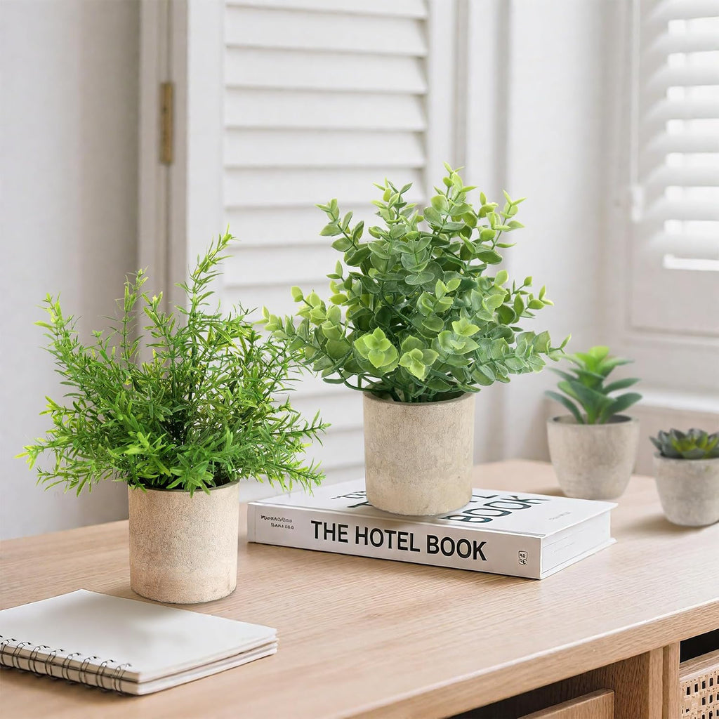 4 Pack Small Fake Plants, 10" Artificial Plants Indoor Eucalyptus/Rosemary/Succulents, Small Faux Plants in Pulp Pot