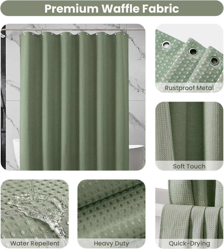 Fabric Shower Curtain, Waffle Weave 230 GSM Polyester, Weighted Hem, Metal Hooks Included, Water Repellent Washable