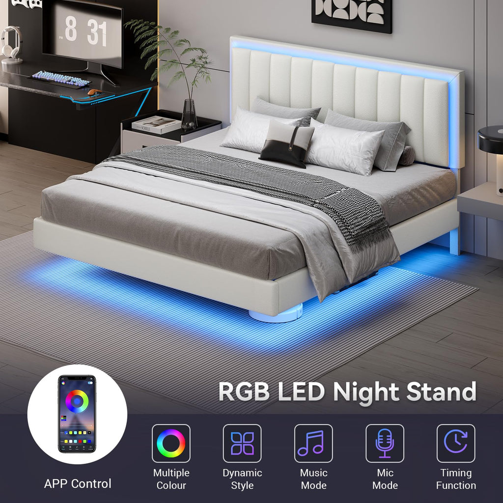King Size Floating Bed Frame with LED Lights, Upholstered Platform Bed with Headboard, 11 in Storage Clearance, Solid