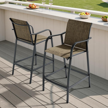 28.7" Outdoor Bar Stools Set of 2, Metal Patio Barstools with Back & Armrest, All-Weather Textilene Bar Height