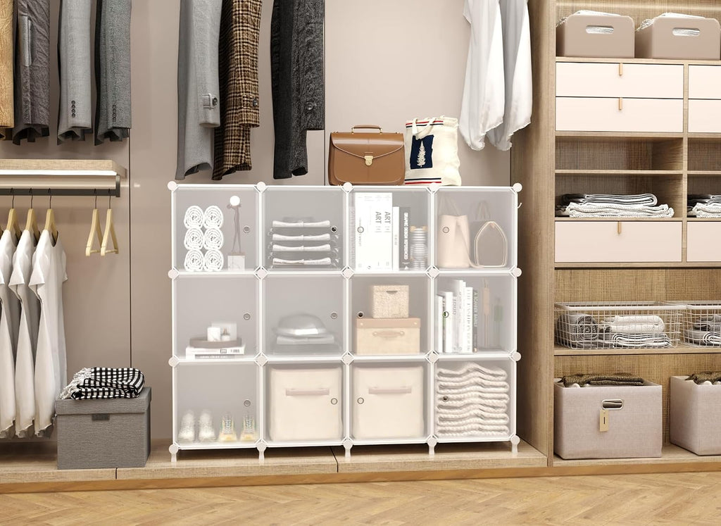 12 Cube Storage Organizer, Closet Storage Shelves with Doors, White | Portable Closet Organizers, DIY Stackable