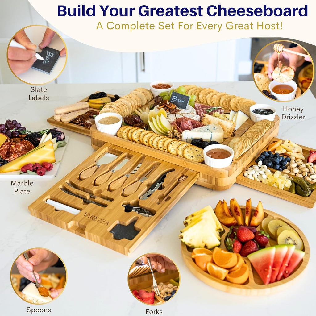 Extra Large Charcuterie Boards Gift Set: Marble Bamboo Cheese Board Set- Unique for Mom, 23 Entertaining Accessories