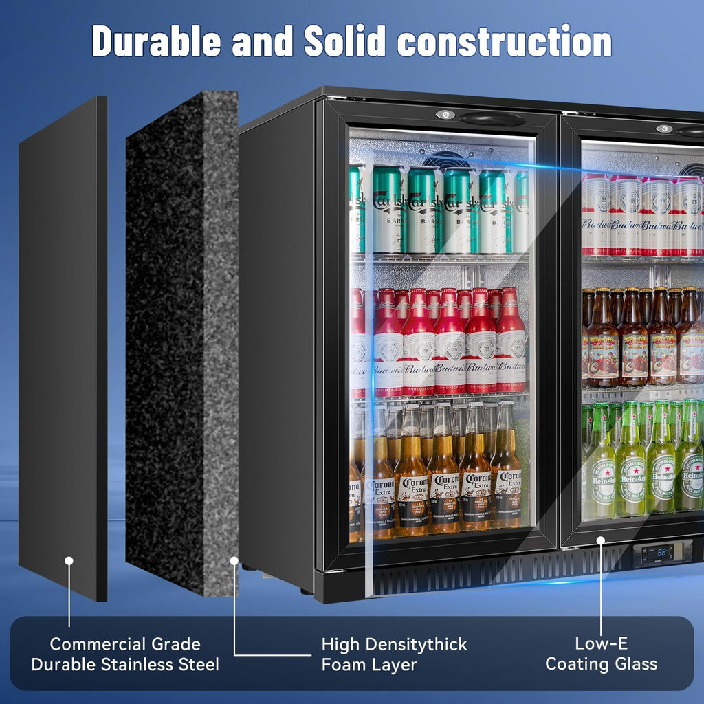 Back Bar Cooler With 3 Glass Doors, 312L Under Counter Back Bar Refrigerator with LED Lighting, Safety Locks
