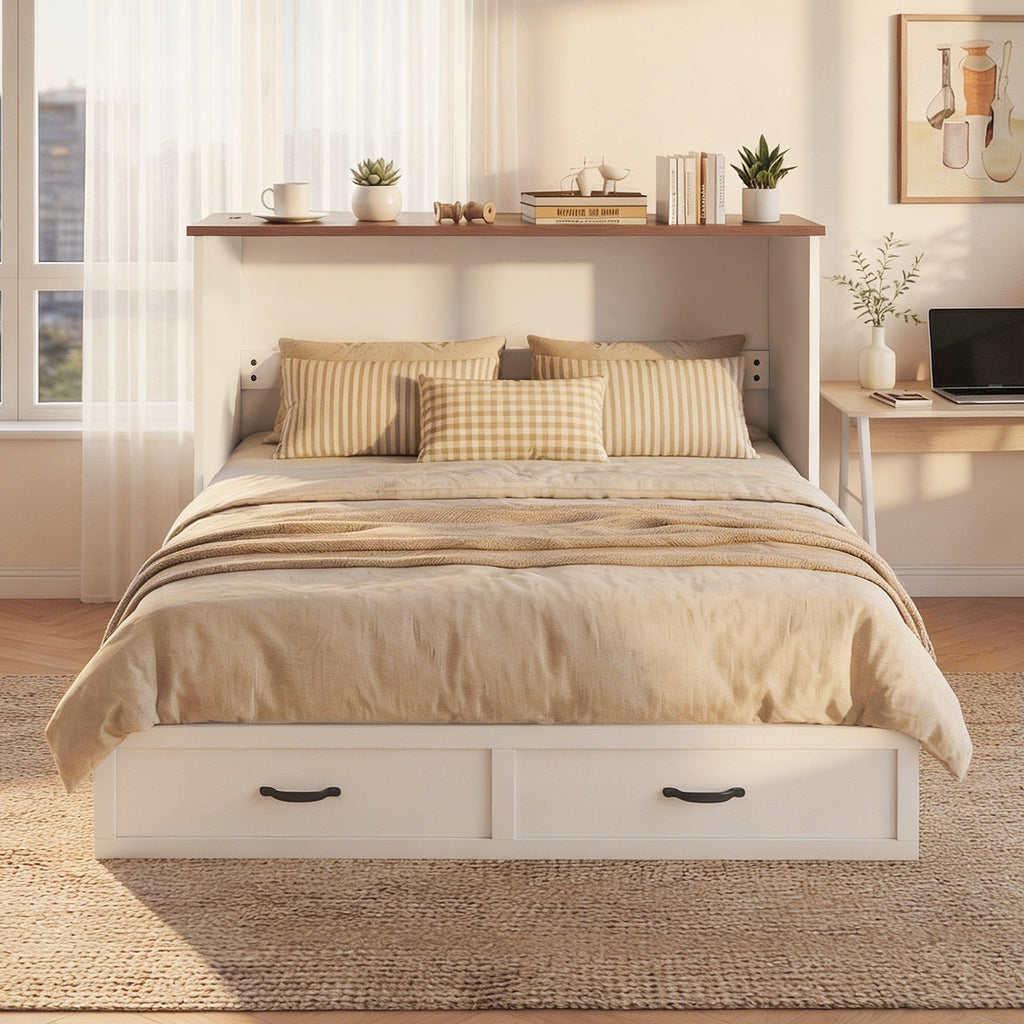 Queen Murphy Bed Frame with Charging Station, Freestanding Cabinet Murphy Bed with Fold-Down Panel & Reinforced