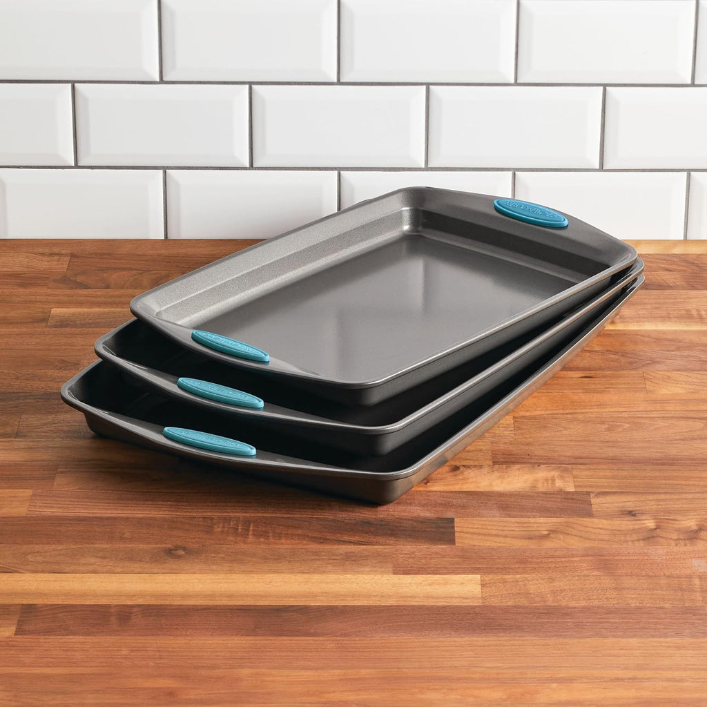 Nonstick Pans Set, 3-Piece Cookie Pan Bakeware, Gray with Agave Blue Silicone Grips