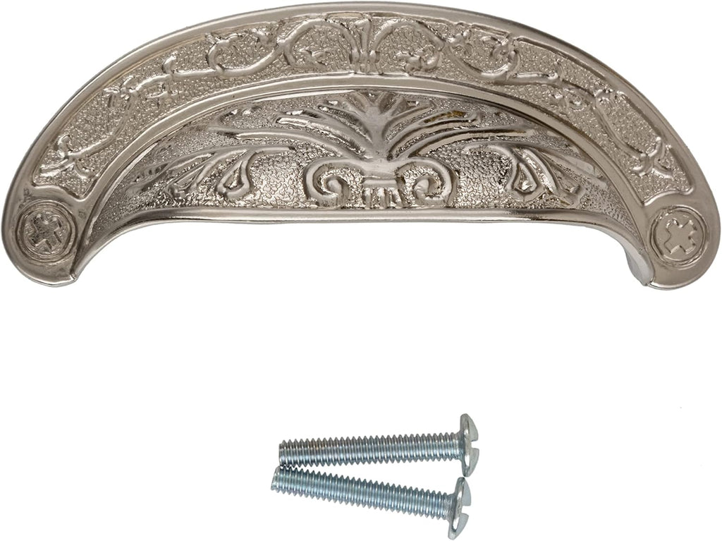 Baroque Scroll Work Brushed Nickel Drawer Bin Pull | Centers: 2 1/2" | Cup Pull Handle for Antique Cabinet Door