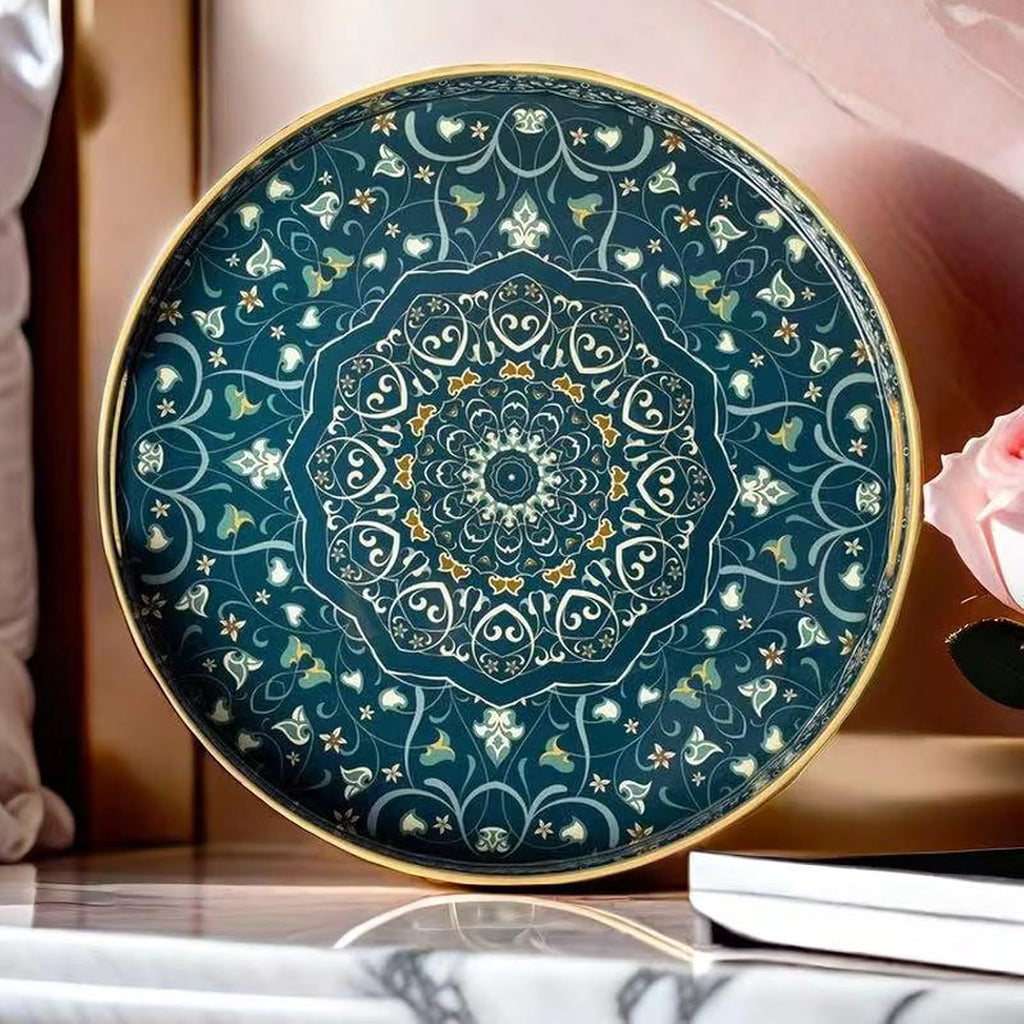 Round Serving Tray with Handles - Large Round Ottoman Tray Coffee Table Tray,Plastic Decorative Serving Trays for