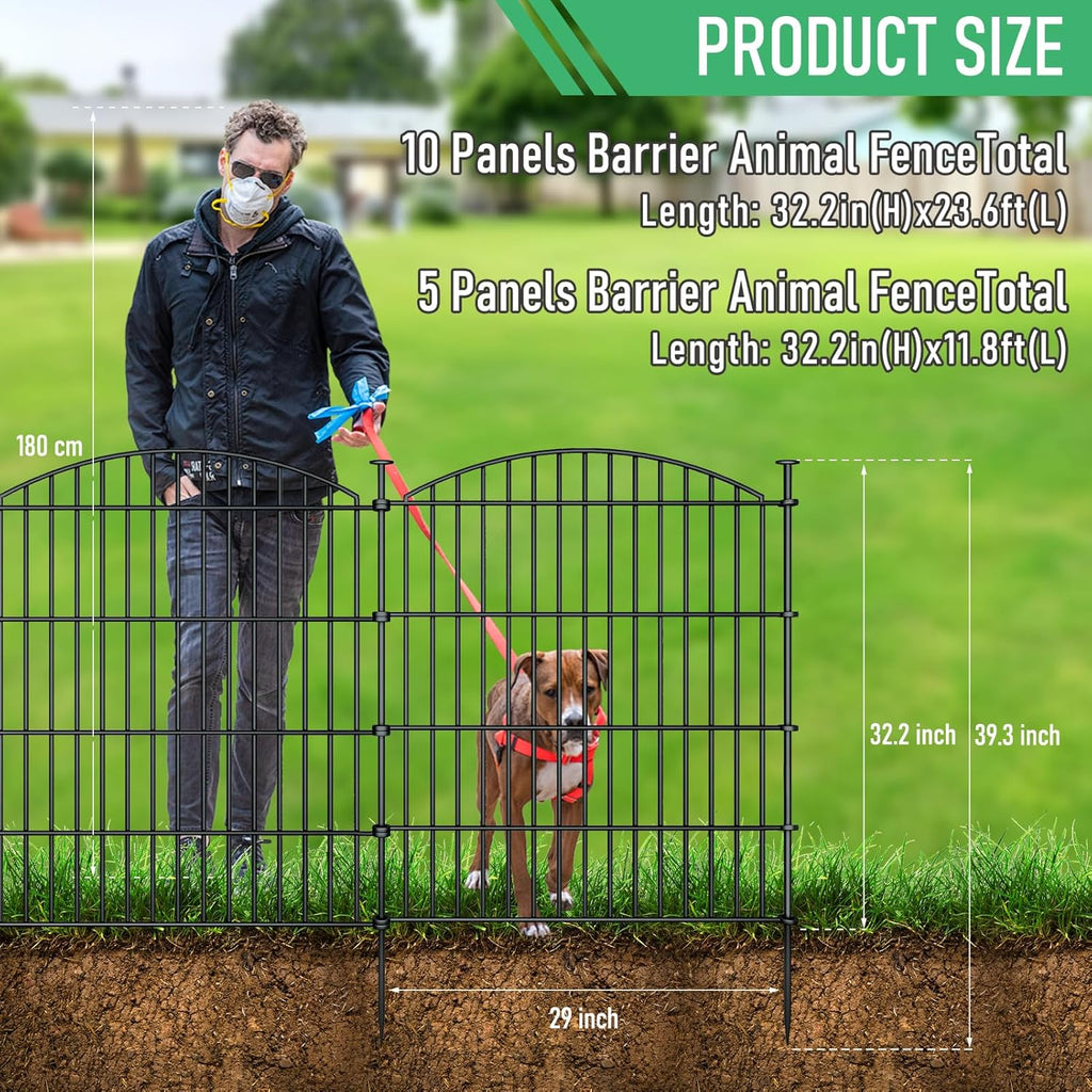 10 Panels Garden Fence Dog Fence Outdoor for Yard, 32in H x 23.6ft L Rustproof Metal Fencing with Ground Stakes | No