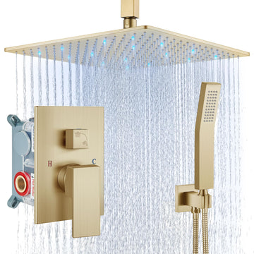 Ceiling Shower Faucet Set with Handheld 16" LED Head Brushed Gold