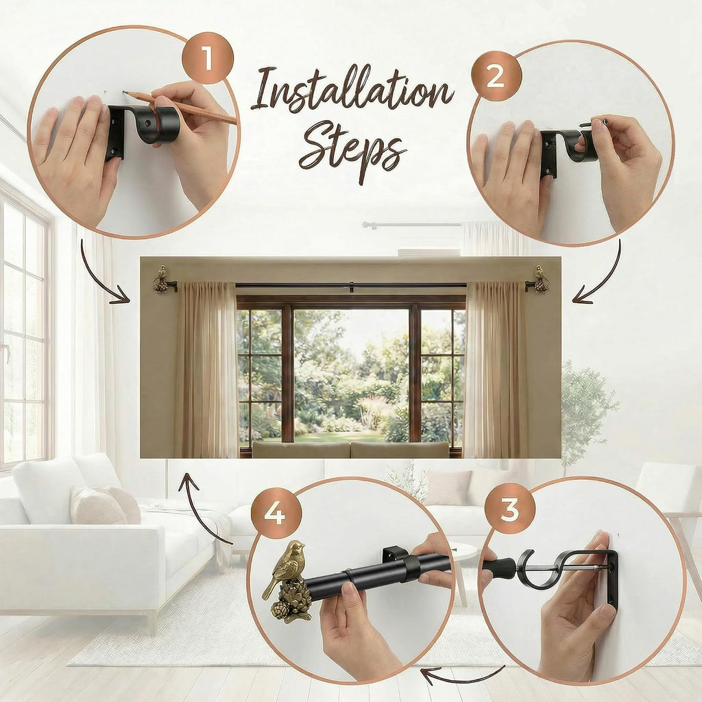 Brushed Brass 32 to 152 Inches Curtain Rod, Adjustable Heavy Duty Drapery Rod Set with Gold Bird Finials, Farmhouse