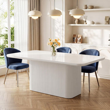 63" White Dining Table with Fluted Pedestal, Modern Kitchen Table for 4-6 People, Dining Room Table for Dining Room