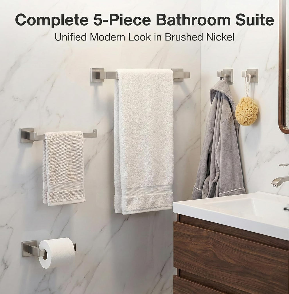 5 Piece Bathroom Hardware Set Brushed Nickel, SUS304 Stainless Steel Towel Bar Set, Modern Square Accessories with 16
