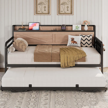 Twin Daybed with Pop Up Trundle & Charging Station & Storage Shelf | Pop Up Trundle with Smooth Wheels, Strong
