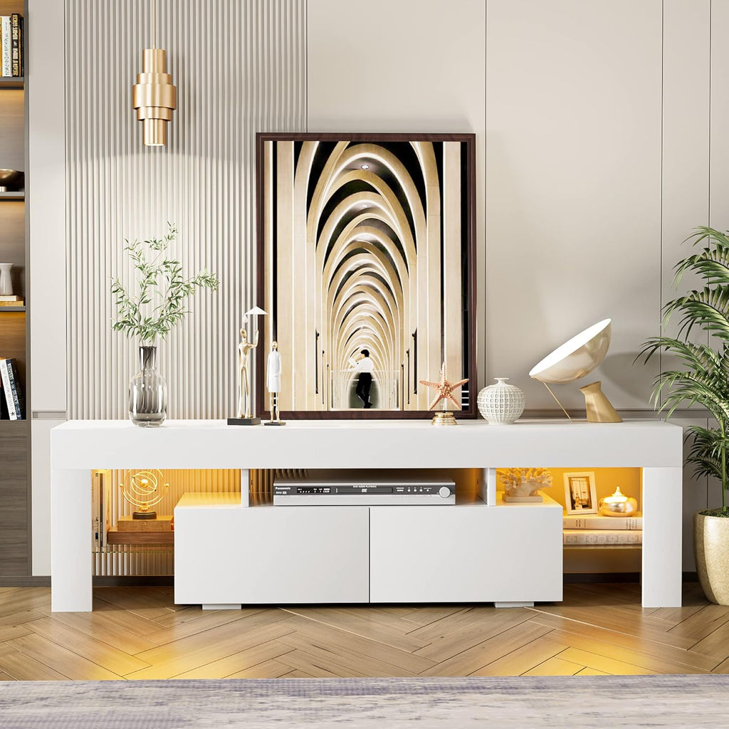 TV Stand with LED Lights, Modern Entertainment Center Media and Open Shelf Console Table Storage Desk with 1 Drawer