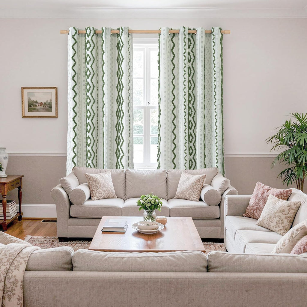 Green Boho Curtains with Tufted Pom Stripe Geometric, Linen Jacquard Pattern Drapes with Grommet for Living Room
