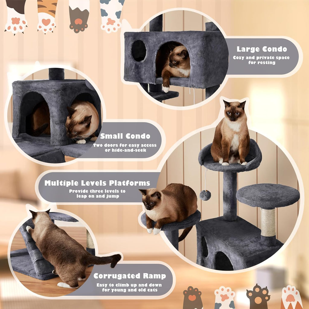 54in Cat Tree, Multi-Level Cat Tower with Spacious Kitten-ear Perch, 2 Cozy Caves, Scratching Posts, Climbing Ladder