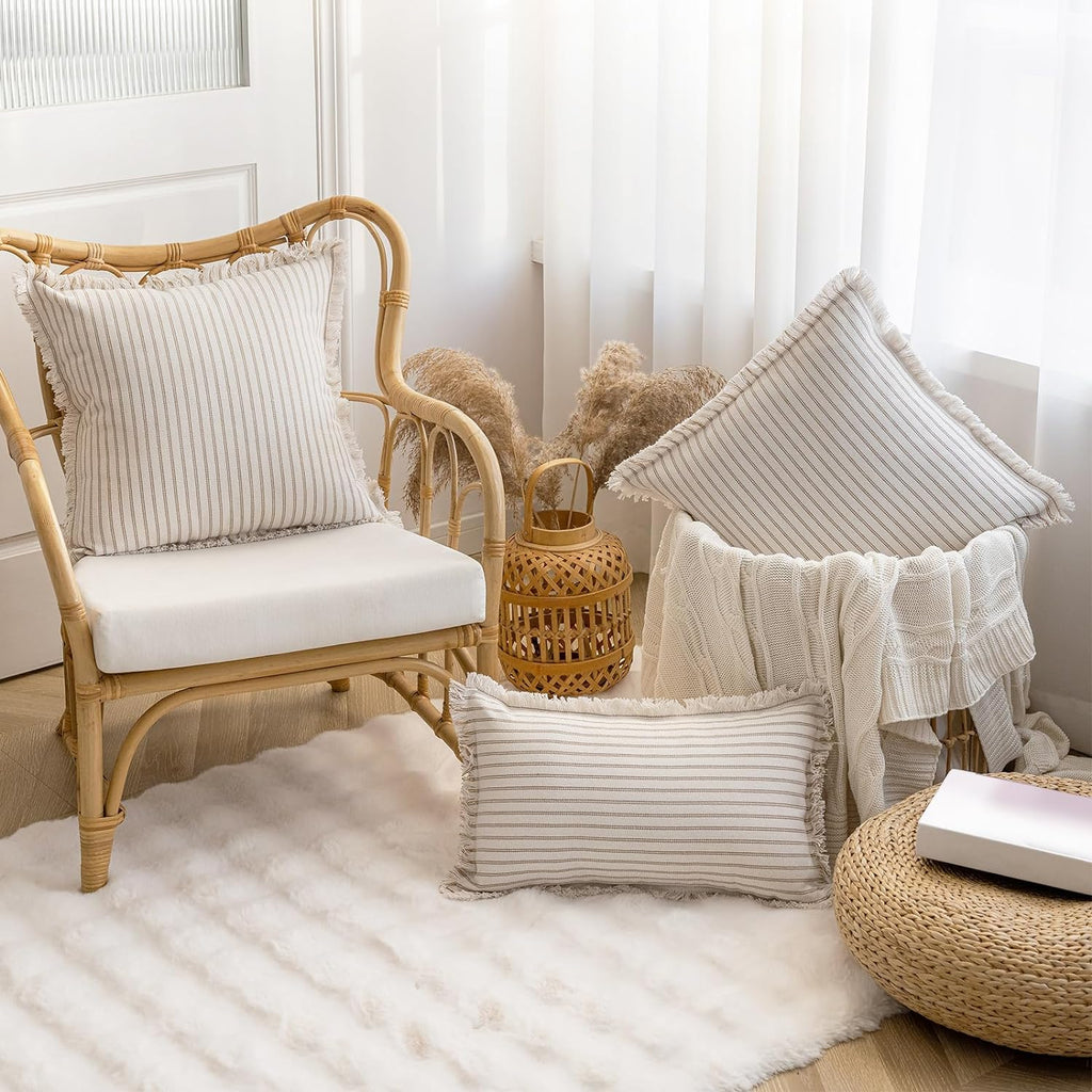Throw Pillow Covers 18x18 Set of 2 Striped Fringe Pillow Cover Farmhouse Cushion Covers with Tassel Neutral Boho