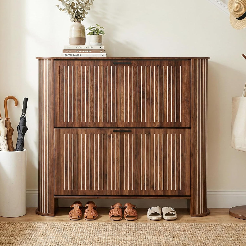 Narrow Shoe Storage Cabinet , Slim Fluted Shoe Cabinet with 2 Flip Drawers, Wood Hidden Shoe Rack Organizer for Entry