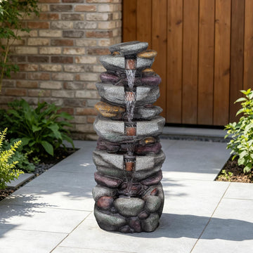 39" Stacked Rock Design Outdoor Freestanding Water Fountain, Floor Fountain with LED Lights and Pump