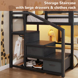 Metal Bunk Bed Twin Over Twin with Storage Staircase, Clothes Rack, LED Twin Bunk Beds for Kids with 2 Storage Drawers