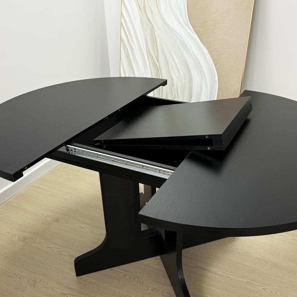 Extendable Round Dining Table for 4-6,43.3-59" Transformer Kitchen Table W/Removable Leaf Trestle & X-Shaped