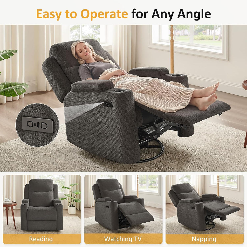 Power Nursery Glider Rocking Chair, Comfy Chenille Grey | 270° Swivel, USB & Type-C Ports, Cup Holder & Armrest