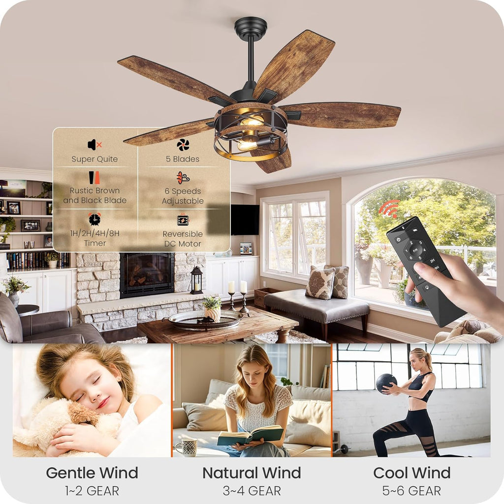 42 Inch Farmhouse Ceiling Fan with Lights and Remote, Timer, Dual Finish 5 Blades (Rustic Brown and Black), 6 Speeds