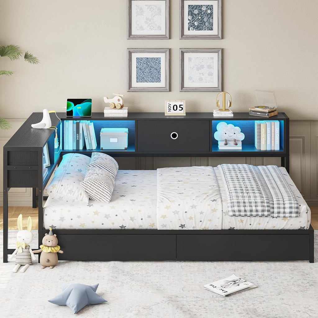 Twin Corner Bed Frame with Bookcase Storage and Led Lights Twin Size Metal Platform Bed Frames with Storage Drawers